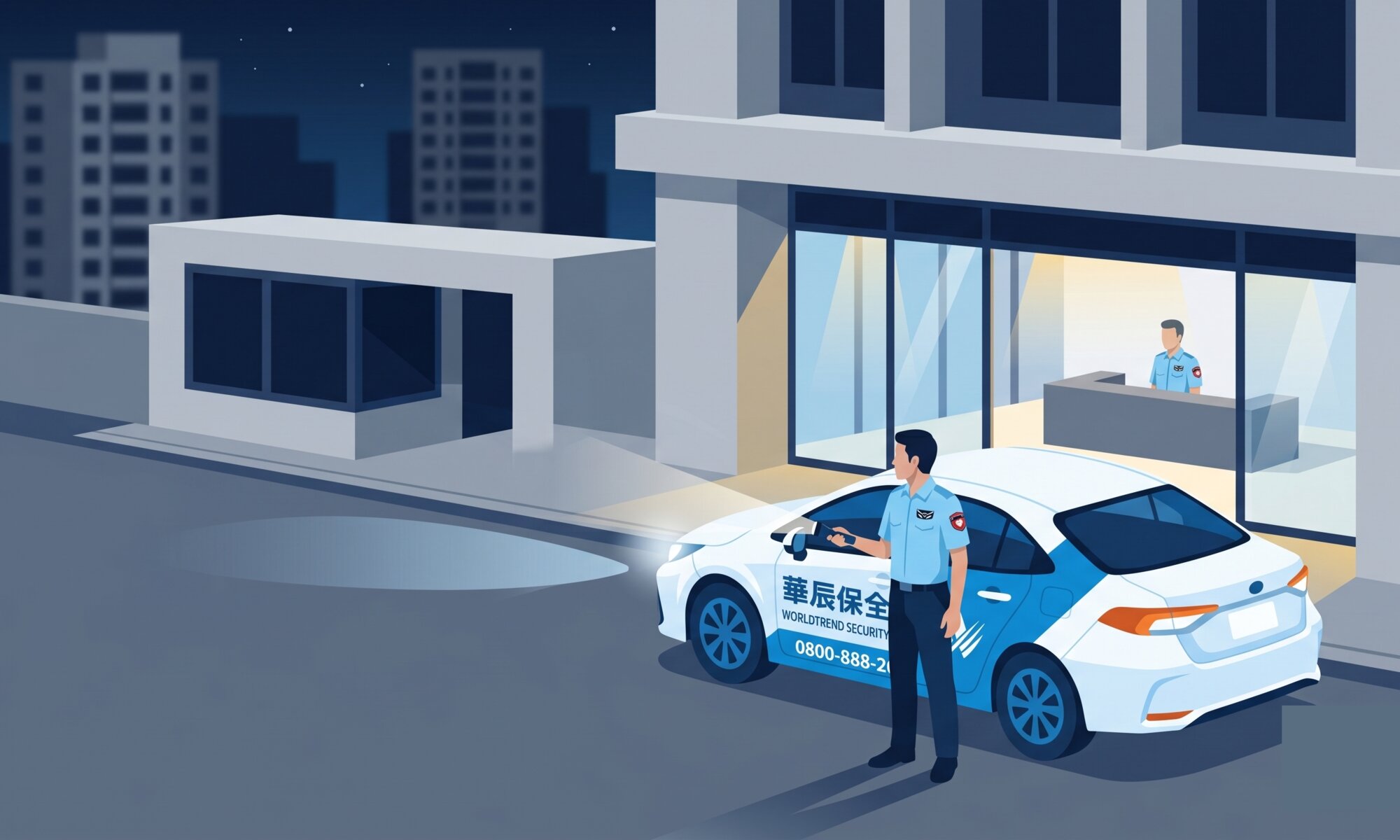 華辰保全機動巡邏車於夜間進駐社區大廳，駐衛警立於車旁，大廳內接班同仁就位