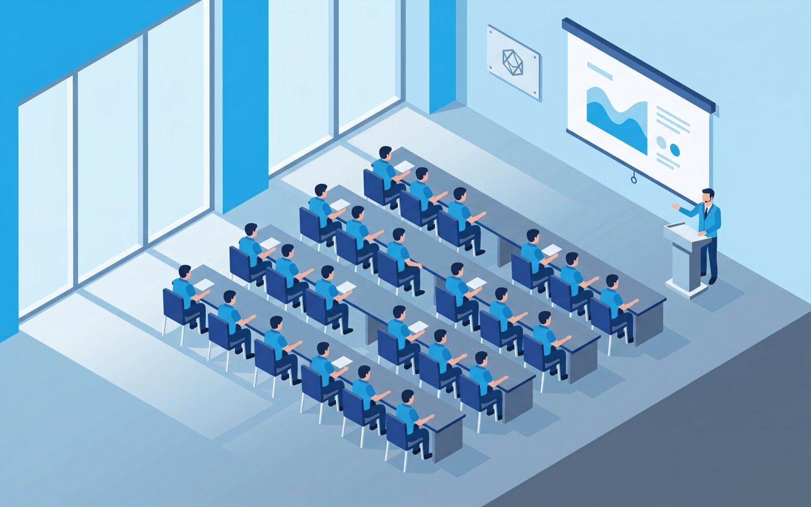 華辰保全駐衛警定期複訓現場 — 學員列陣聽講、教官於講台說明訓練主題